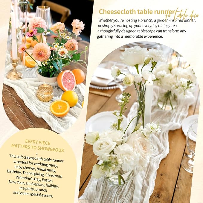 Showgeous 2 Pack Ivory White Cheesecloth Table Runners Boho Wedding Decor | - Image 8