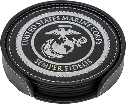USMC Leather Coaster Set - 4 Premium Coasters with Hot Stamped Foil US Marines EGA Logo - Marine Corps Gift | USMC Leather Coasters