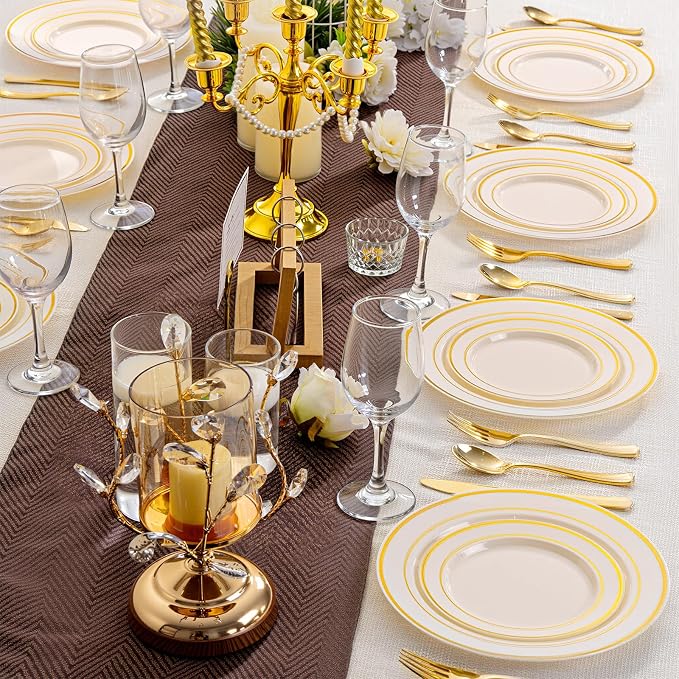 IOOOOO 200 Pcs Gold and Ivory Plastic Plates, Ivory Disposable Party Plates - Image 7