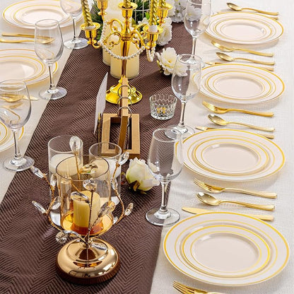 IOOOOO 200 Pcs Gold and Ivory Plastic Plates, Ivory Disposable Party Plates - Image 7
