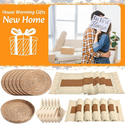 6 Sets Boho Decoration Placemats Round Woven Placemats, Cloth Napkins, Wood - Image 7
