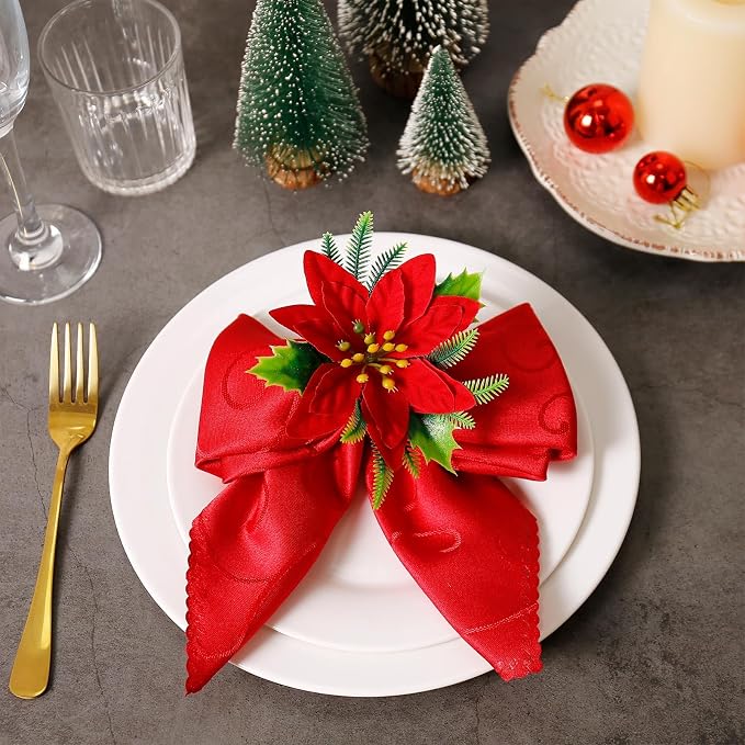 wonlex Flower Napkin Rings Set of 12, Farmhouse Red Green Napkin Rings Holder - Image 6