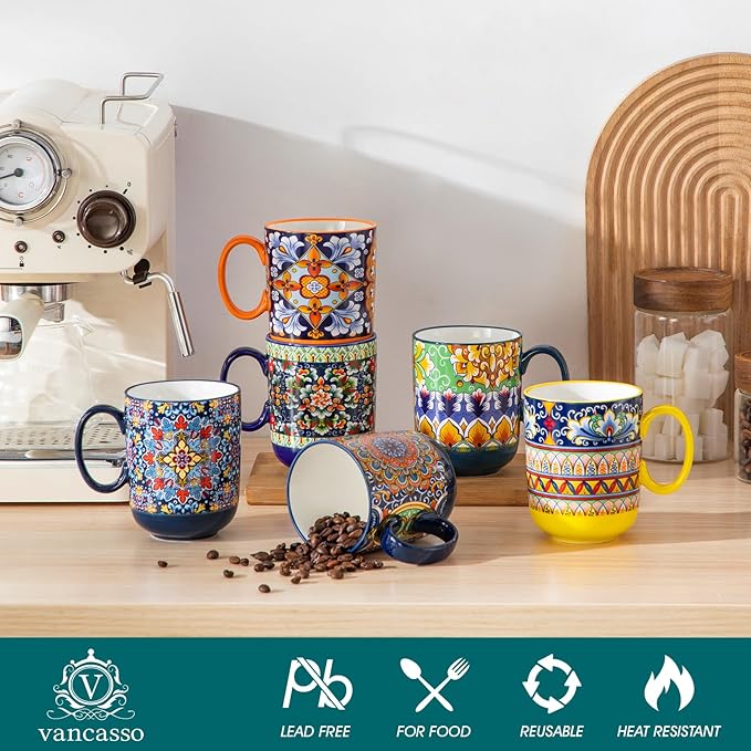 vancasso Simi Boho Coffee Mugs Set of 6, 14 oz Ceramic Mugs - Image 4