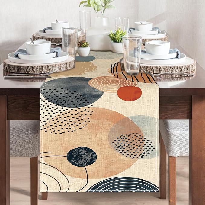 Boho Modern Geometric Dining Table Runner, Circle Abstract Art Burlap | Kitchen - Image 5