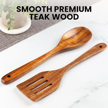 Zulay Kitchen Teak Wood Utensil Set – 2 Piece Large Wooden Cooking Spoon and - Image 4