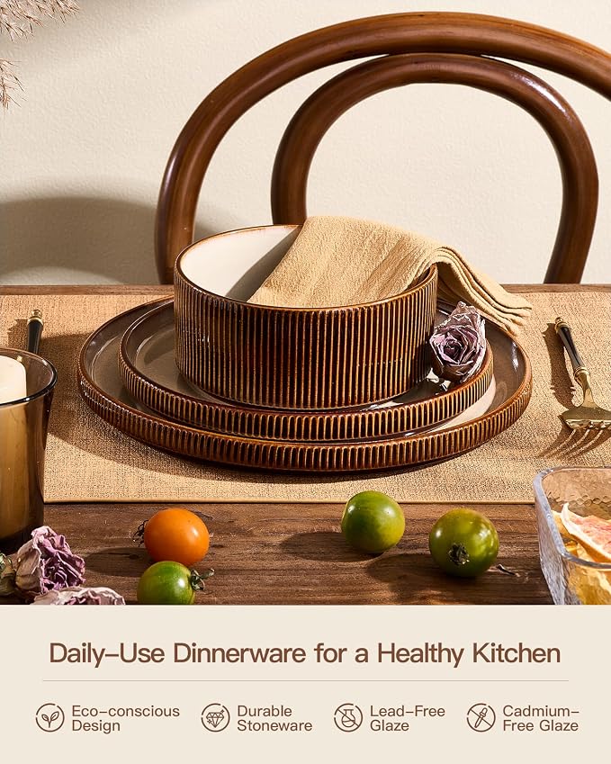 Dinnerware Set for 6, Ceramic Ribbed Plates, Dishes | 18-Piece Stoneware Dinner - Image 5
