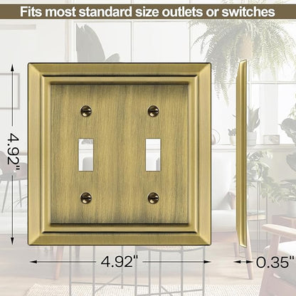 Metal Wall Plate for Electrical Outlets, Decorative Antique Brass Switch Plates Outlet Cover, Light Switch Cover Plate, 2-Gang Wall Plates (Double Toggle, 2 Pack)