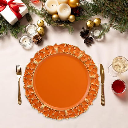 Orange Charger Plates Set of 6, Decorative Table Plastic Chargers for Dinner Plates, Party, Wedding, Thanksgiving, Christmas, FD15O