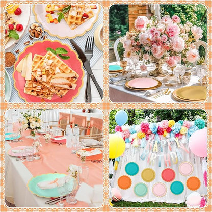 48 Pcs Colorful Coral Paper Plates 9 Inch Pastel Rainbow Scalloped Paper Plates Disposable Dinner Dessert for Birthday Wedding Bridal Party Supplies, 6 Colors