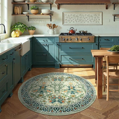 GarveeHome Sage Green Floral 6 ft Round Rug Washable Non-Slip Soft Low Pile Circle Carpet Vintage Rugs for Kitchen Bedroom Nursery Dining Living Room