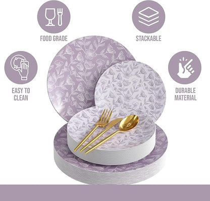 Trendables Fancy Plastic Dinnerware Sets 200 Pc 40 Guests Gold Silverware Disposable 40 X 10 Inch Charger Plates 40 X 8 Inch Dessert Plates 40 x Gold Plastic Forks and Spoons Knives In Blossom Circle
