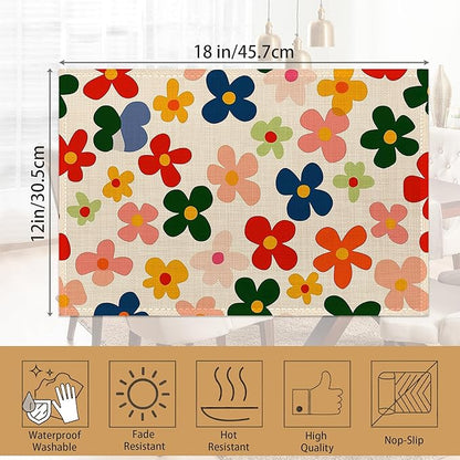 6 Pcs Placemats,Vintage Groovy Flowers Placemat,Colorful Table Mats Washable Recyclable Table Placemats for Indoor Outdoor Heat Resistant Kitchen Dining 12"x18"