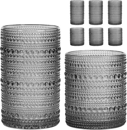Moretoes Gray Hobnail Drinking Glasses Set of 6, Glass Cups | 12 Oz Highball by Moretoes