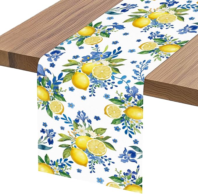 Lemon and Blue Floral Table Runner | Linen Texture Fabric, Easy Care Machine - Image 5