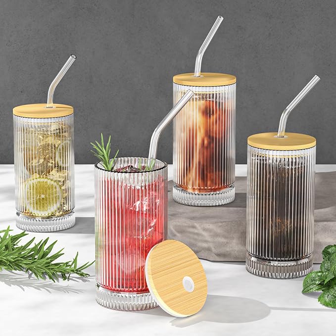 15 Oz Glass Cups with Lid and Straw, Iced Coffee Cups with Lid, Vintage Glassware for Whiskey Cocktail Beer (4 PACK)