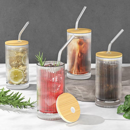 15 Oz Glass Cups with Lid and Straw, Iced Coffee Cups with Lid, Vintage Glassware for Whiskey Cocktail Beer (4 PACK)