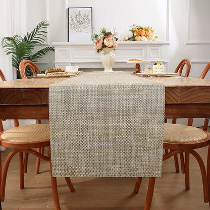 SHACOS Woven Vinyl Table Runners 12 x 54 inch Wipeable Table Runner Heat Resistant Runner for Table Indoor Outdoor, Beige