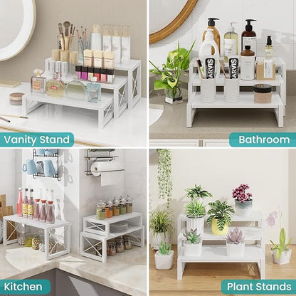 ELITEROO White 3-Tier Cupcake Stand & Wooden Display Riser, Dessert Stand for Cupcakes, Food, Perfume, Makeup, Dolls, Collectibles, Multi-Tiered Shelf Organizer for Market Vendors & Retail Display