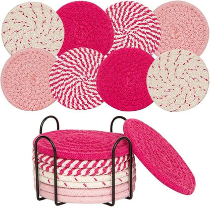 8 Pcs Drink Coasters with Holder, Handwoven Cotton Coasters Set Stackable Absorbent Minimalist Home Decor for Table, Cup, Mug (Pink)