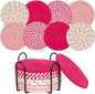 8 Pcs Drink Coasters with Holder, Handwoven Cotton Coasters Set Stackable Absorbent Minimalist Home Decor for Table, Cup, Mug (Pink)
