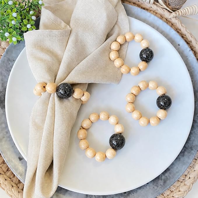 Wood Bead Napkin Rings Set of 6, Dark Gray and Natural Beech Wood, Farmhouse by LEBEJUA-EXCLUSIVENAPKINRINGSSET