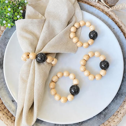 Wood Bead Napkin Rings Set of 6, Dark Gray and Natural Beech Wood, Farmhouse by LEBEJUA-EXCLUSIVENAPKINRINGSSET