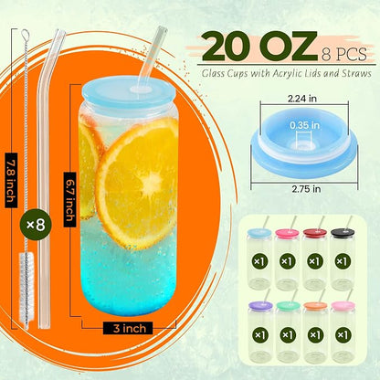 Joyclub 8pcs Glass Cups with Acrylic Lids and Straws 20 oz Drinking Glasses | - Image 3