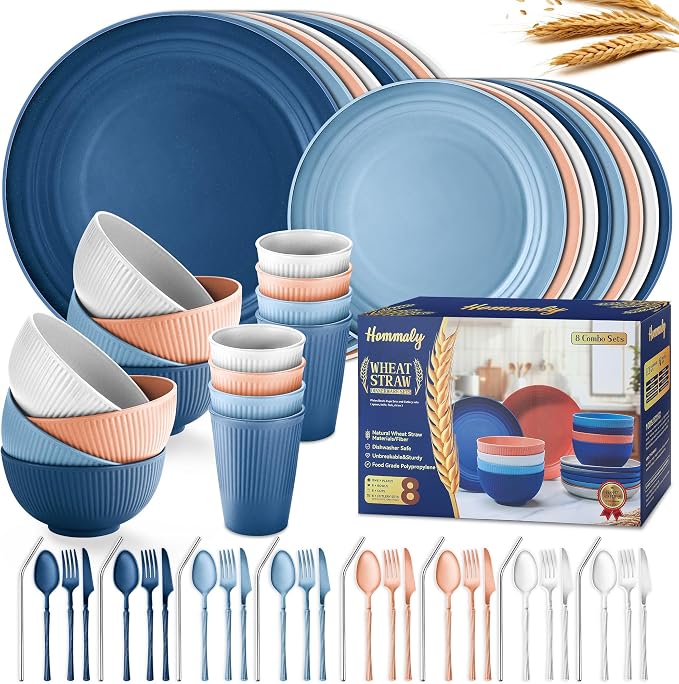 Wheat Straw Dinnerware Sets, 64-Piece Plates and Bowls Sets by HOMMALY