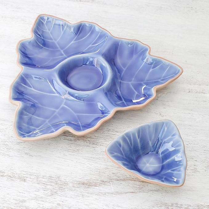 NOVICA Artisan Handmade Ceramic Appetizer Dishes Blue Leaf from Thailand Pair - Image 2