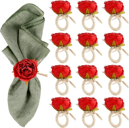 Handcraft Red Flower Napkin Rings Set of 12, Peony Napkin Holder Floral Rings by FEKIDO