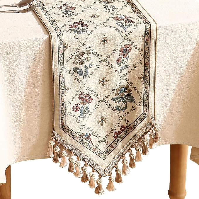 Patdrea Designer French Elegant Linen Table Runner, Floral Pattern by patdrea