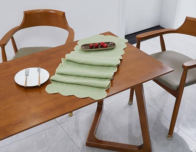 100% Natural Linen Rustic Scalloped Embroidery Table Runner 120 Inches Long - Image 5