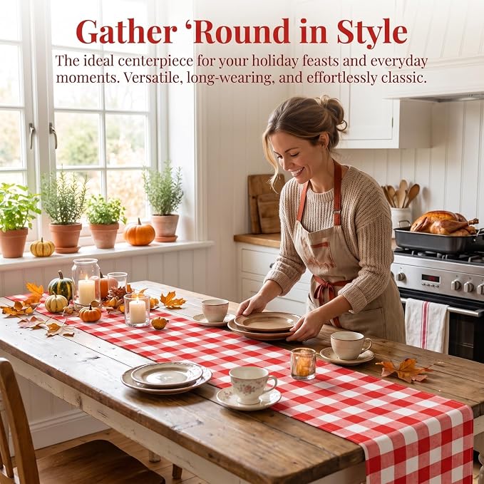 Table Runner 13''x108'' Red and White Gingham Cotton Buffalo Plaid Cover | Red - Image 5
