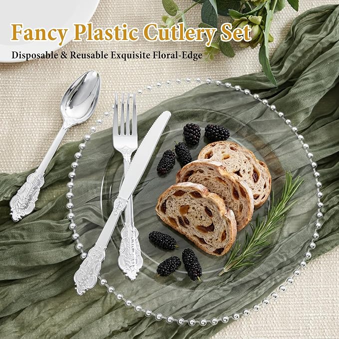 Silver Plastic Silverware Set Heavy Duty Vintage 120Guests Wedding | Embossed - Image 4