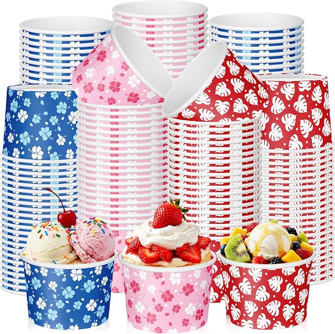 CHENGU 60 Pcs 9 oz Hawaii Hibiscus and Tropical Leaves Ice Cream Cups, Tropical by CHENGU