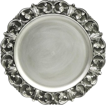 13" Antique Silver Charger Plates, Set of 6 Plastic Textured Chargers for Dinner Plates with Embossed Rim, Table Décor, Party, Wedding, Holiday