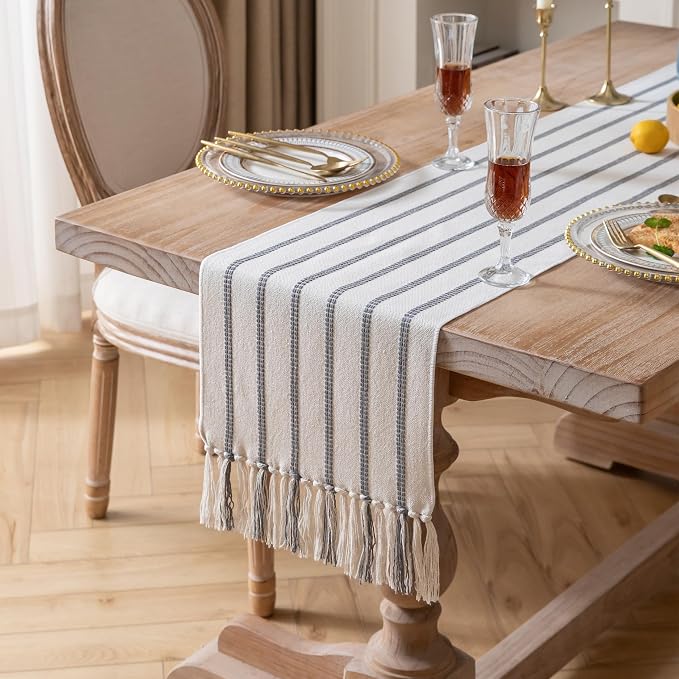 Caflife Boho Table Runner 90 Inchs Long Grey and Beige, Cotton and Linen Woven - Image 2