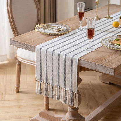 Caflife Boho Table Runner 90 Inchs Long Grey and Beige, Cotton and Linen Woven - Image 2