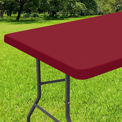 Smiry Rectangle Tablecloth, Elastic Fitted Flannel Backed Vinyl Tablecloths for 8ft Folding Tables, Waterproof Wipeable Table Covers for Indoor, Outdoor, Camping and Picnic (Wine Red, 30"x96")