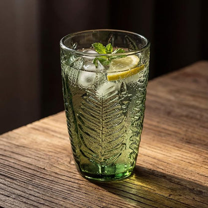 Green Drinking Glasses Set of 8, 12 oz Glass Cups, Vintage Fern Glassware | - Image 5