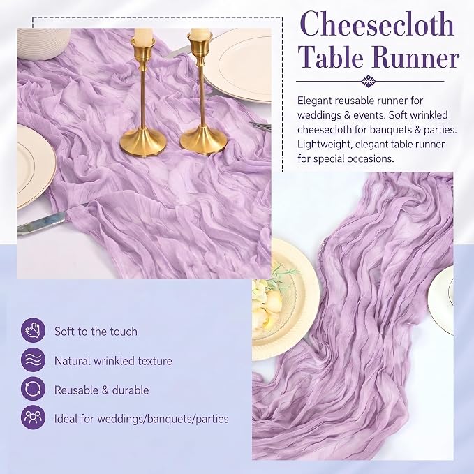 2 Pack Lavender Cheesecloth Table Runner 17x108 Inch Boho Rustic Semi Sheer - Image 5