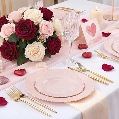 U-QE 60PCS Pink Plastic Plates - Heavy Duty Beaded Pink Valentines Plates for Valentine's Day, Party, Wedding - Serving 30 Guests Include 30PCS 10inch Dinner Plate & 30PCS 7inch Dessert Plate