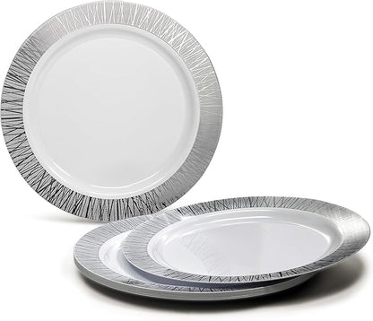 OCCASIONS 240 Plates Pack,(120 Guests) Premium Wedding Party Disposable Plastic Plates Set -120 x 10.25'' Dinner + 120 x 7.5'' Salad/Dessert (Starlight in White & Silver)