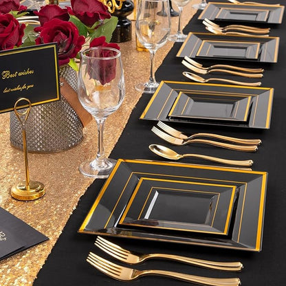 Liacere 100PCS Black and Gold Square Plastic Plates-50PCS Dinner Plate and 50PCS Dessert Plate-Durable Fancy Disposable Plates for Party & New Year & Martin Luther King Jr. Day