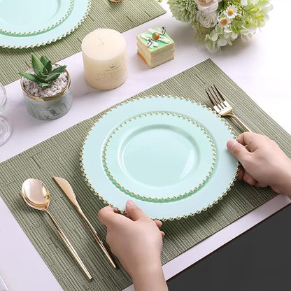 EI 60pcs Green Plastic Plates with Gold Rim,Disposable Heavy Duty Sage Green and Gold 10.25" Dinner & 7.5" Dessert Plastic Plate for Birthday,Afternoon Tea,Wedding,Spring,Valentine's Day,Easter