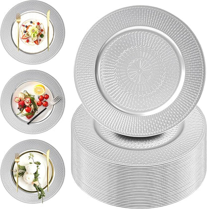 PROY 50 Pcs Silver Charger Plates Bulk, 13 Inch Silver Chargers for Dinner Plates Plastic Reusable Round Charger Platters for Table Setting, Wedding, Party, Event