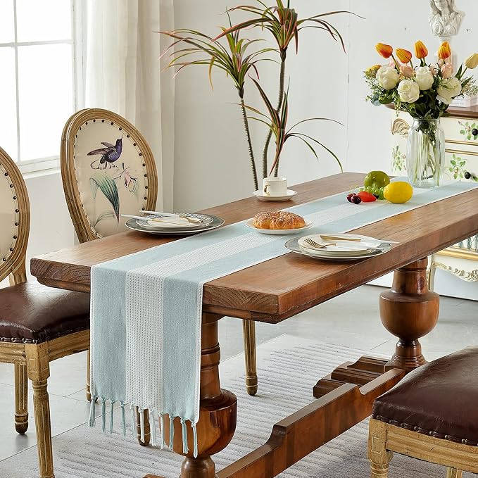 Wracra Linen Table Runner, Stripe Table Runners 48 Inches Long Aque Blue | - Image 5