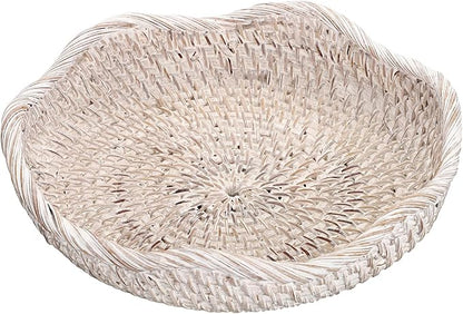 Hipiwe Handwoven Rattan Basket Tray Decorative Key Tray for Entryway Table Handwoven Wicker Storage Bowl for Fruit Bread Candy, Whitewash 7.9 Inch