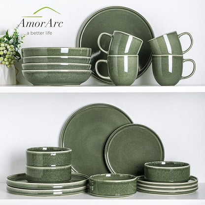 AmorArc Ceramic Dinnerware Sets, Handmade Reactive Glaze Stoneware Plates and Bowls Sets,Highly Chip and Crack Resistant | Dishwasher & Microwave Safe Dishes Set, Service for 8 (24pc)