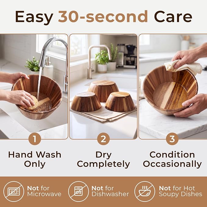 Wooden Salad Bowl Set of 3, Round Wood Bowls - Image 6